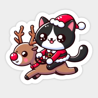 Tuxedo cat in santa costume, riding a reindeer Sticker